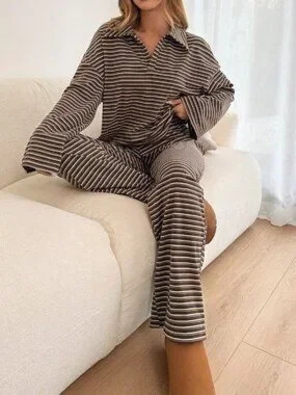 Brown Casual Women's Loose Striped V-Neck Drop Shoulder Long Sleeve T-Shirt Set